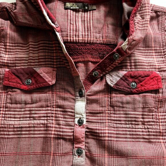 Women's PrAna Red White Anja Plaid Long Sleeve Button‎ Cuff Hooded Popover Top M - Picture 8 of 9